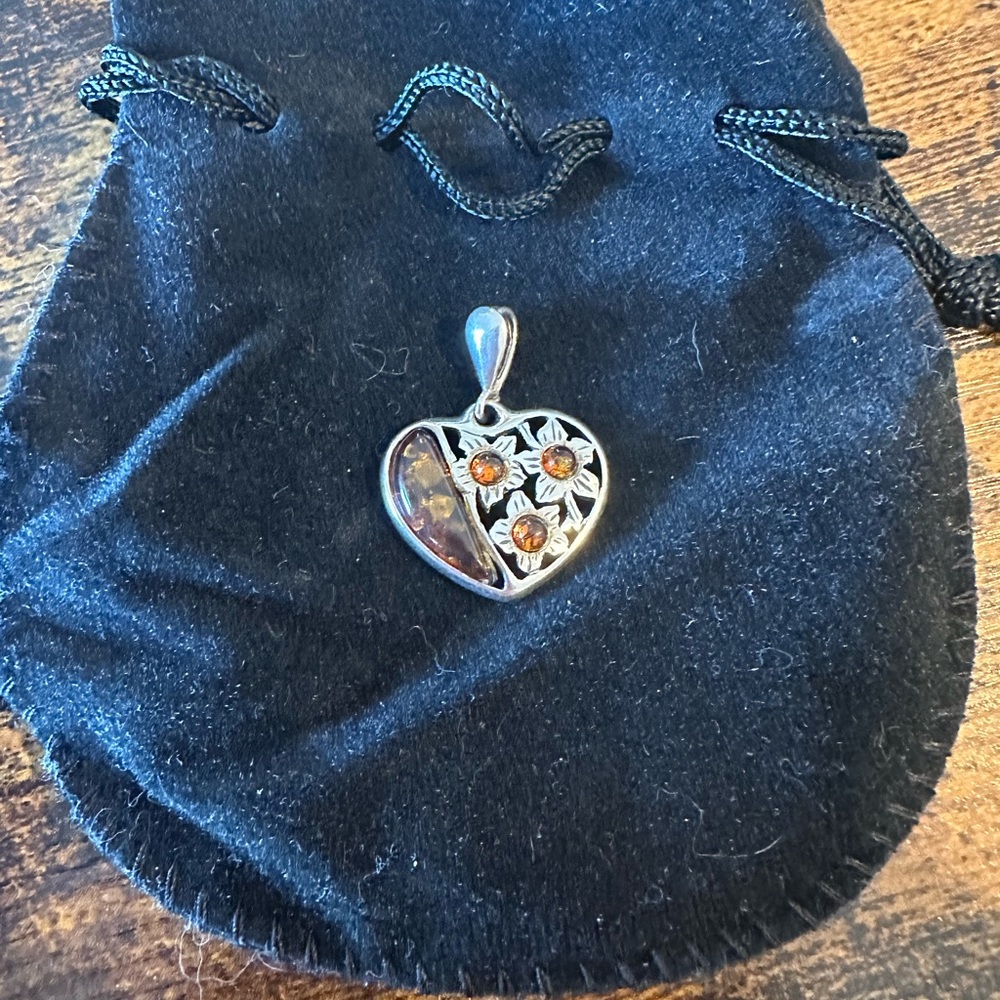 Genuine Baltic Amber heart shape pendant  sterling silver
